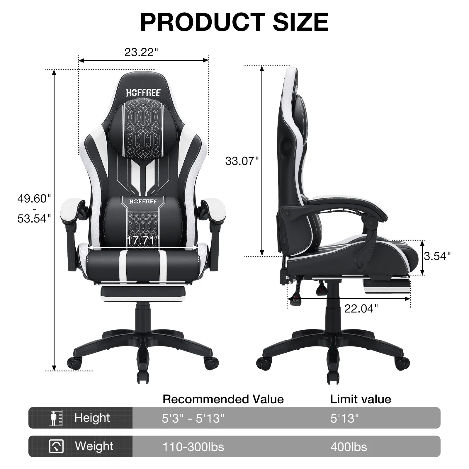 HOFFREE Big and Tall Gaming Chair with Speakers and RGB Lights. Gamer Chair with Footrest. Lumbar Support Height Adjustable 360-Swivel Seat and Headrest for Adults. 400lbs