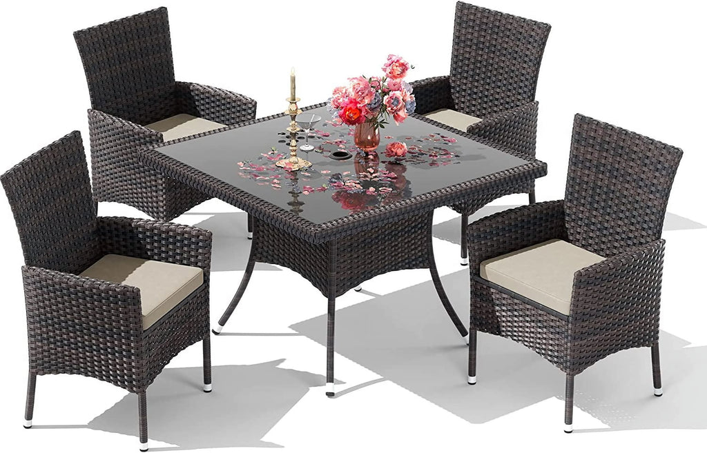 ALAULM 5 Pieces Patio Dining Set Outdoor Rattan Furniture with Square Glass Tabletop 4 Chairs with Cushions for Patio. Backyard Outdoor Kitchen Lawn & Garden Blue
