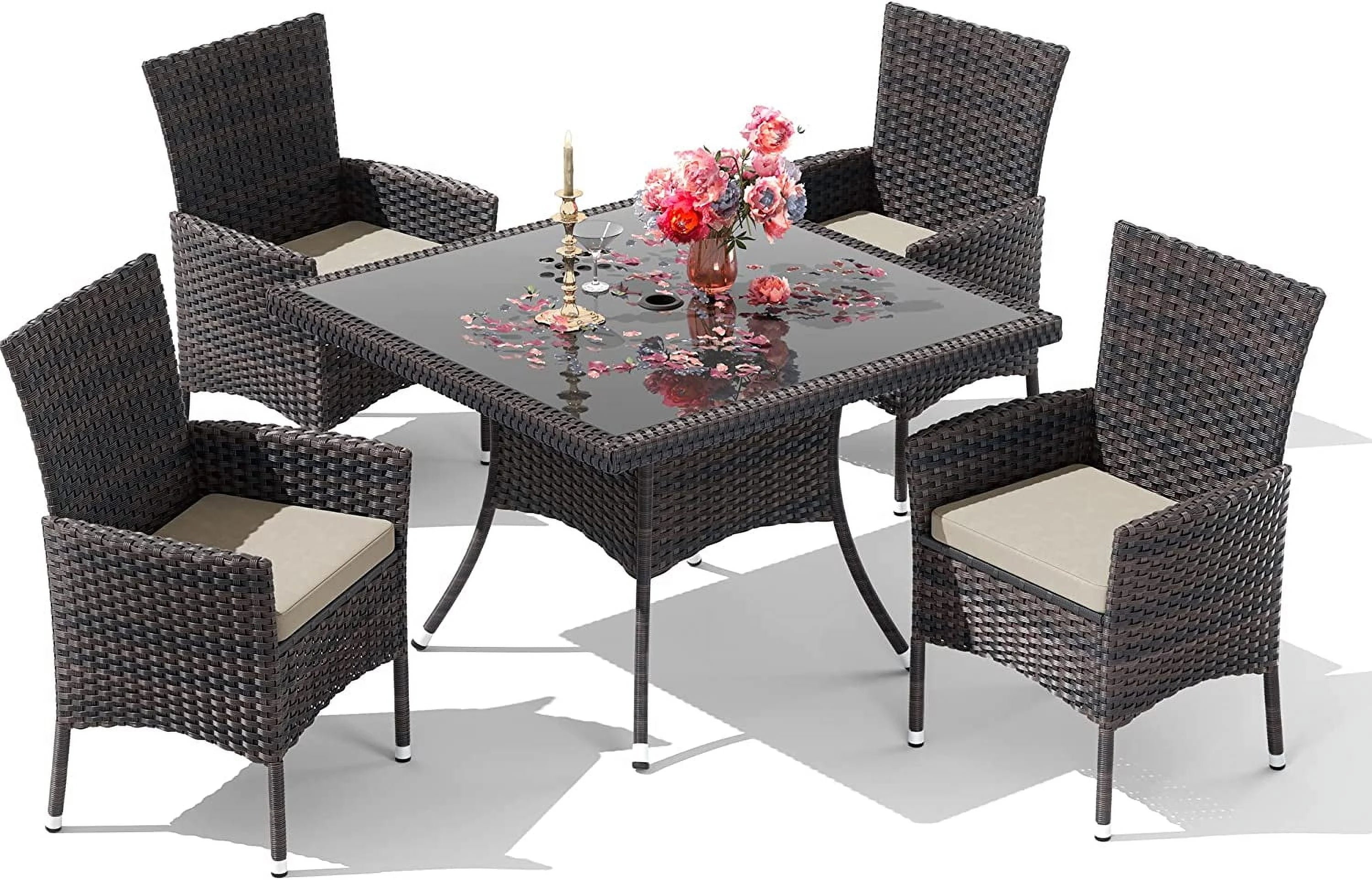 ALAULM 5 Pieces Patio Dining Set Outdoor Rattan Furniture with Square Glass Tabletop 4 Chairs with Cushions for Patio. Backyard Outdoor Kitchen Lawn & Garden Blue