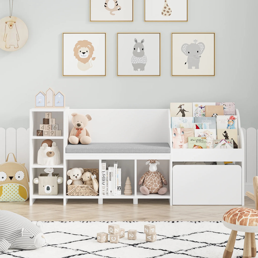 Homfa Kids Bookshelf with Reading Nook. 6 Shelf Bookcase with 1 Wood Toy Bin with 3 Tier Book Rack for Children Kidsroom