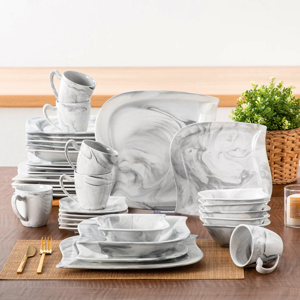 vancasso 36 pcs Dinnerware Sets. Plates and Bowls Set for 6. Porcelain Dinner Set. Marble Gray