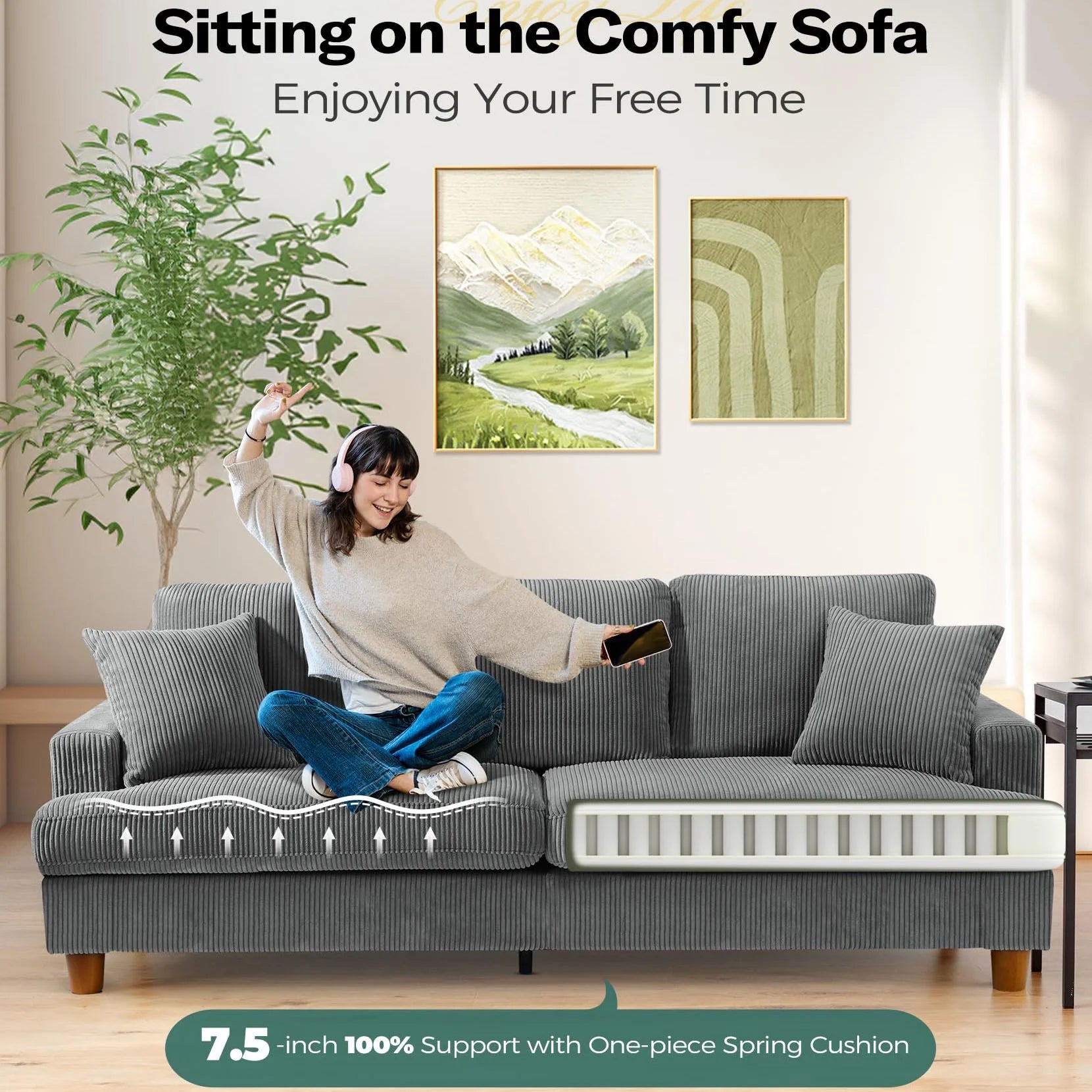87 Corduroy Sofa.3 Seater Sofa with Extra Deep Seats.Neche Comfy Upholstered Couch for Living Room.2 Pillows.Green