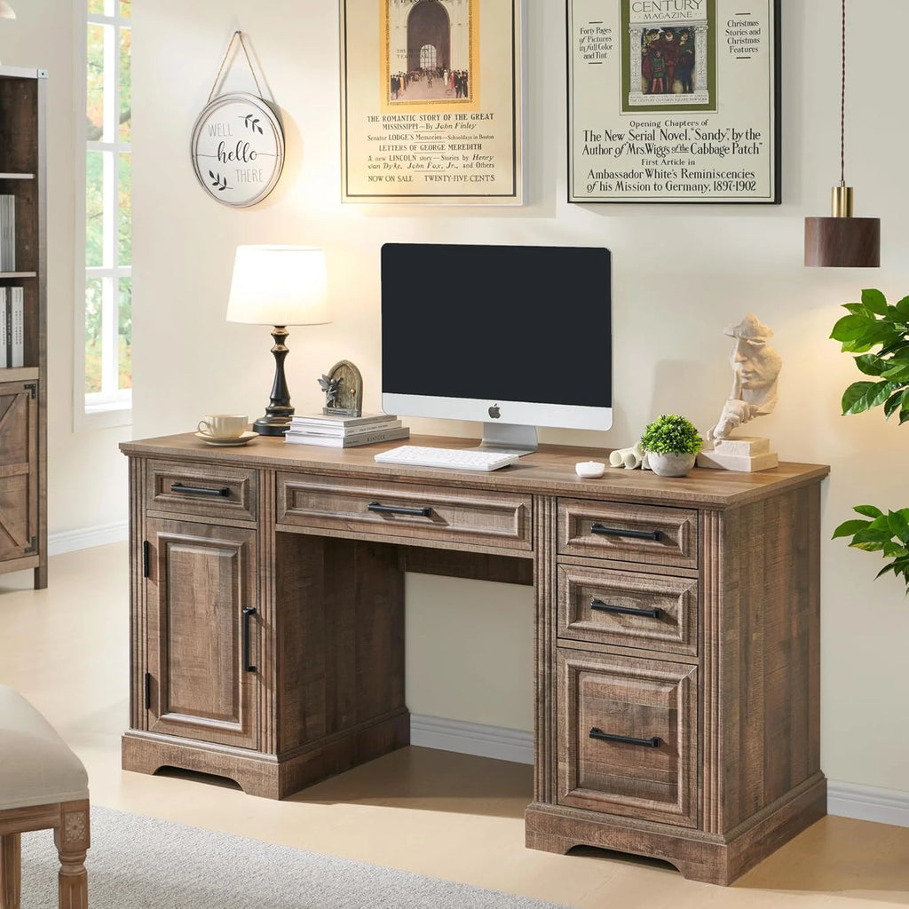 T4TREAM Farmhouse Wood 58 Executive Desk. Home Office 30 High Computer Desk with Drawers and Storage Cabinet. White