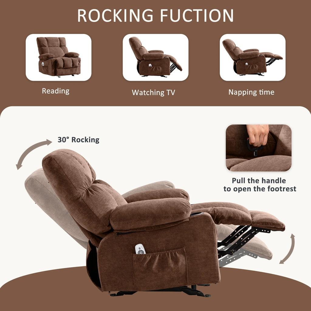 JONPONY Manual Recliner Chair with Heat Therapy and Massage Function. Heavy Duty Reclining Mechanism Massage Chair. Elderly Single Rocker Sofa with Cup Holders for Bedroom Home Theater.Grey