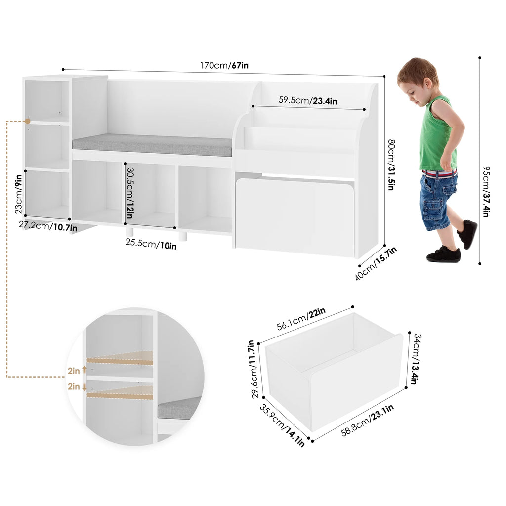Homfa Kids Bookshelf with Reading Nook. 6 Shelf Bookcase with 1 Wood Toy Bin with 3 Tier Book Rack for Children Kidsroom