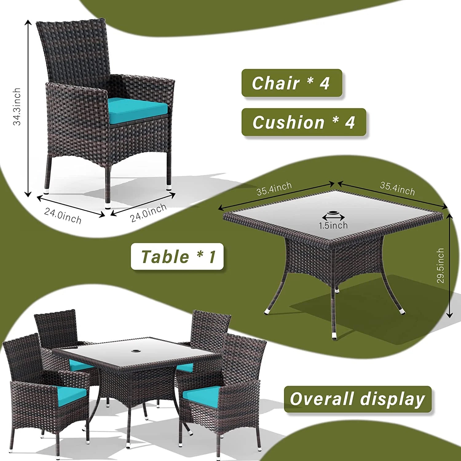 ALAULM 5 Pieces Patio Dining Set Outdoor Rattan Furniture with Square Glass Tabletop 4 Chairs with Cushions for Patio. Backyard Outdoor Kitchen Lawn & Garden Blue
