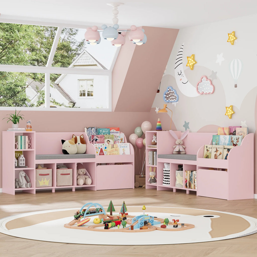 Homfa Kids Bookshelf with Reading Nook. 6 Shelf Bookcase with 1 Wood Toy Bin with 3 Tier Book Rack for Children Kidsroom