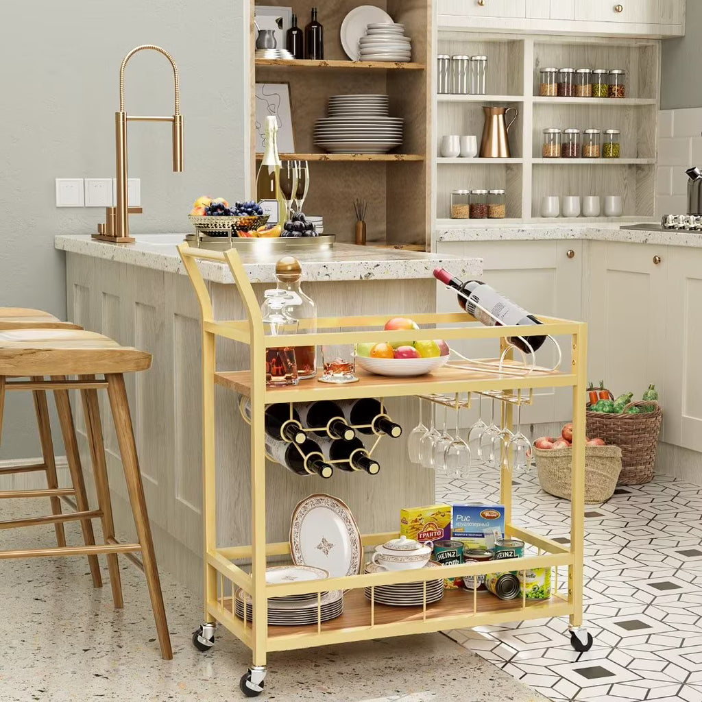 Vineego Bar Cart Home Industrial Mobile Bar Cart Serving Wine Cart on Wheels with Wine Rack and Glass Holder 2 Wood Storage Shelves for Living Room. Kitchen. Party (Gold)