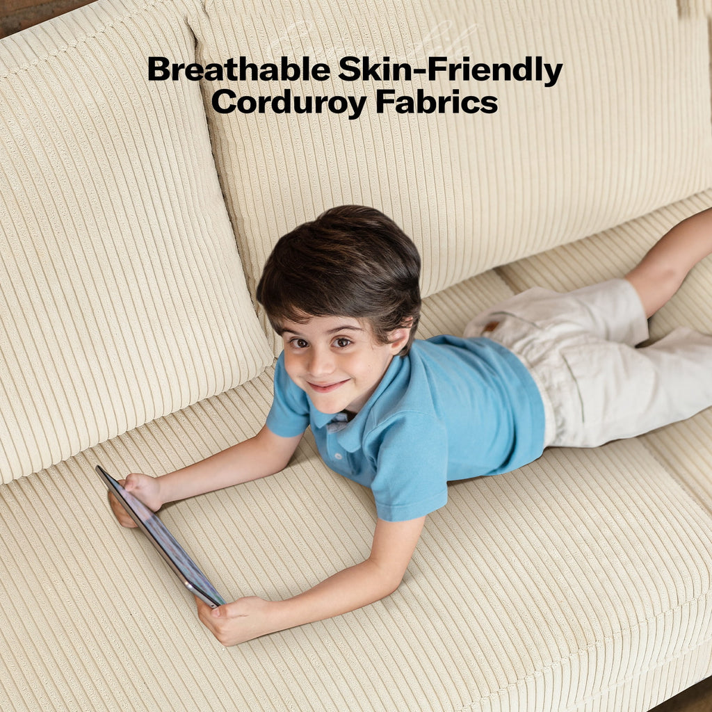 87 Corduroy Sofa.3 Seater Sofa with Extra Deep Seats.Neche Comfy Upholstered Couch for Living Room.2 Pillows.Green