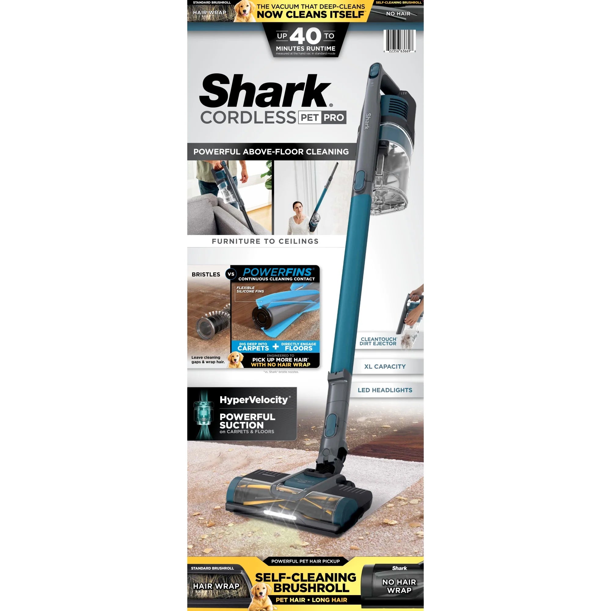Shark Pet Pro Bagless Cordless Stick Vacuum. Carpets and Hardfloors. Powerfins Brushroll. No Hair Wrap. Up to 40 Min Runtime. XL Dust Cup. IZ240 Teal