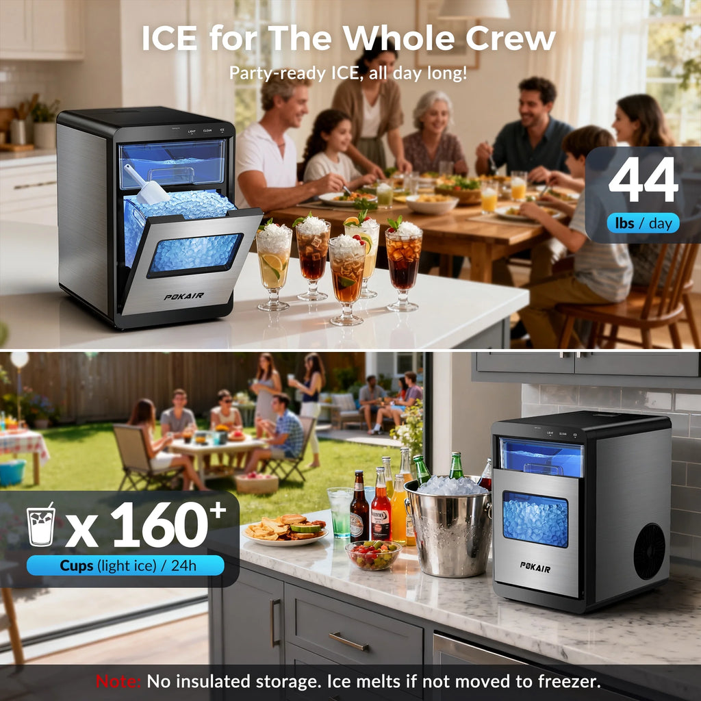 POKAIR Ice Maker. Nugget Ice Maker Portable Countertop 44lbs/Day. One-Touch Instant Ice & Self-Cleaning. Pebble Ice Machine for Home Office RV. Stainless Steel