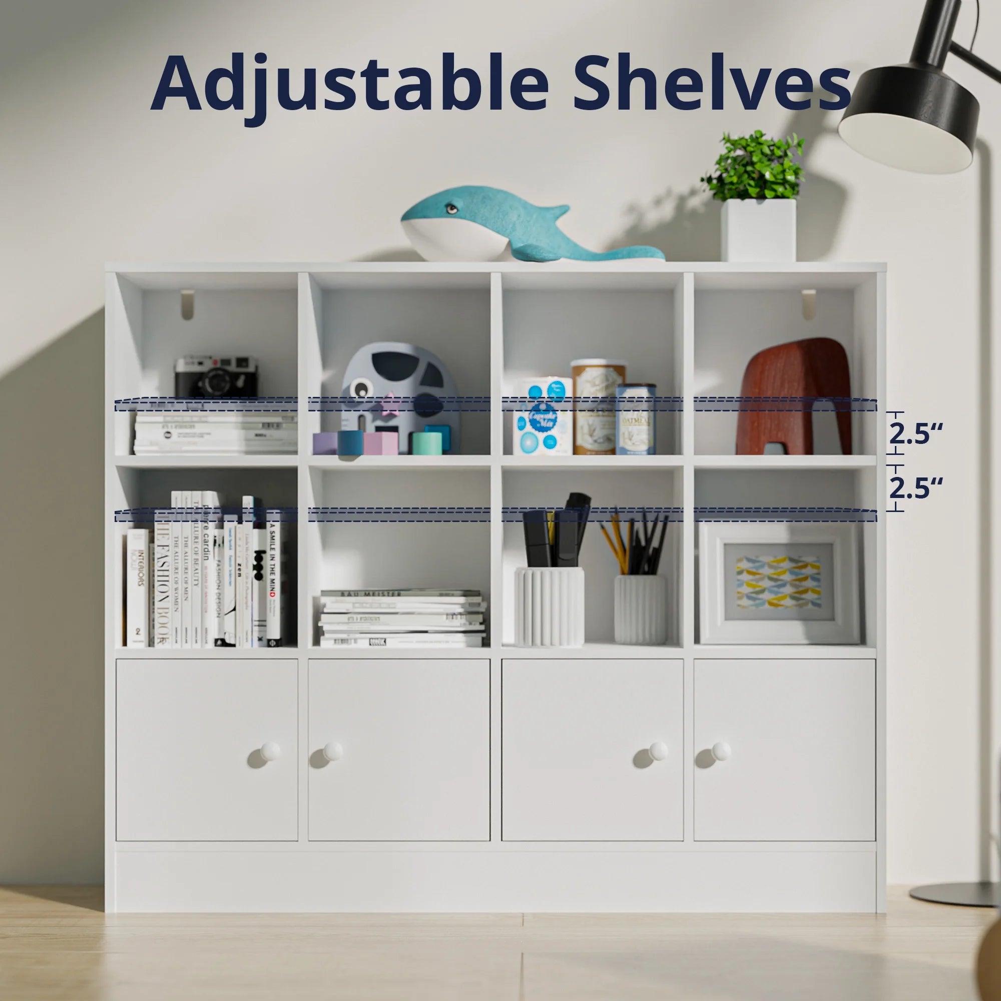 Cozy Castle 3-Tier Open Cube Bookcase with 12 Cubes and 4 Doors. Adjustable Shelves. White