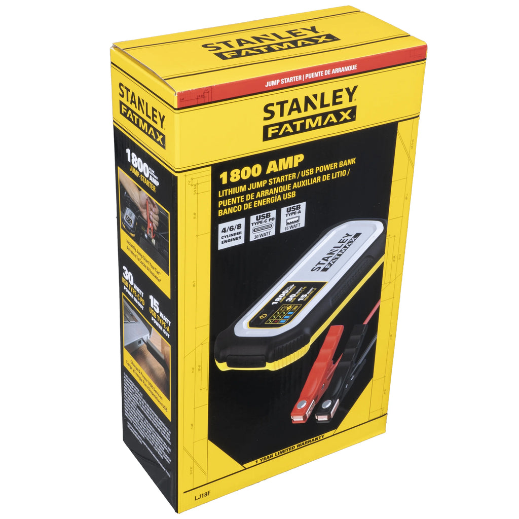 Stanley FatMax 1800A Lithium Jump Starter with 30W USB-C-PD In/Out and 15W USB-A Out. Includes Clamps