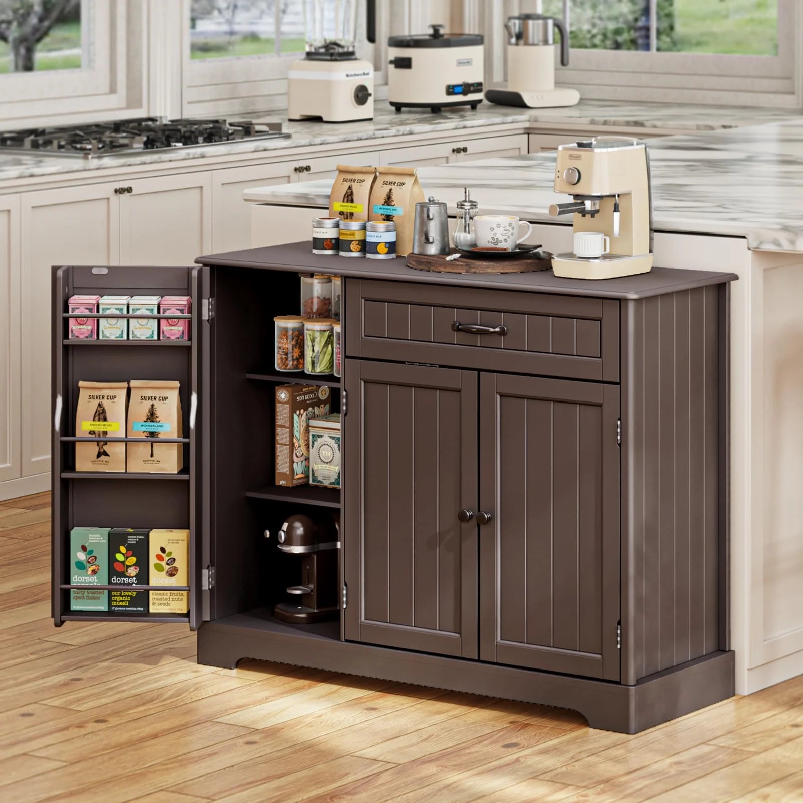 Coffee Bar. Lofka 42 Kitchen Storage Cabinet. Sideboard Buffet Cabinet with 8 Shelves. 1 Drawer