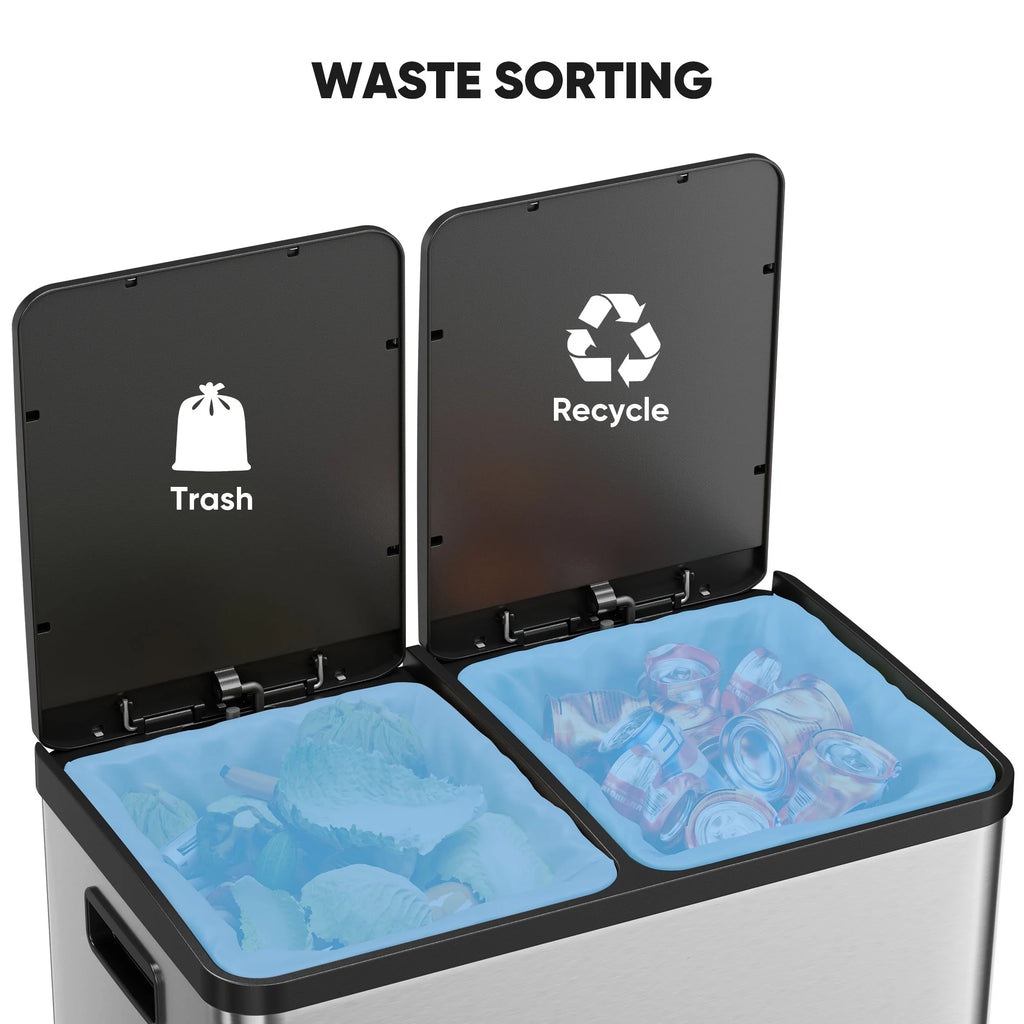 JOINSUN Trash Can. 2 x 8.3 Gallon Double Deck Trash Recycling Bin. Kitchen Bin. Silver