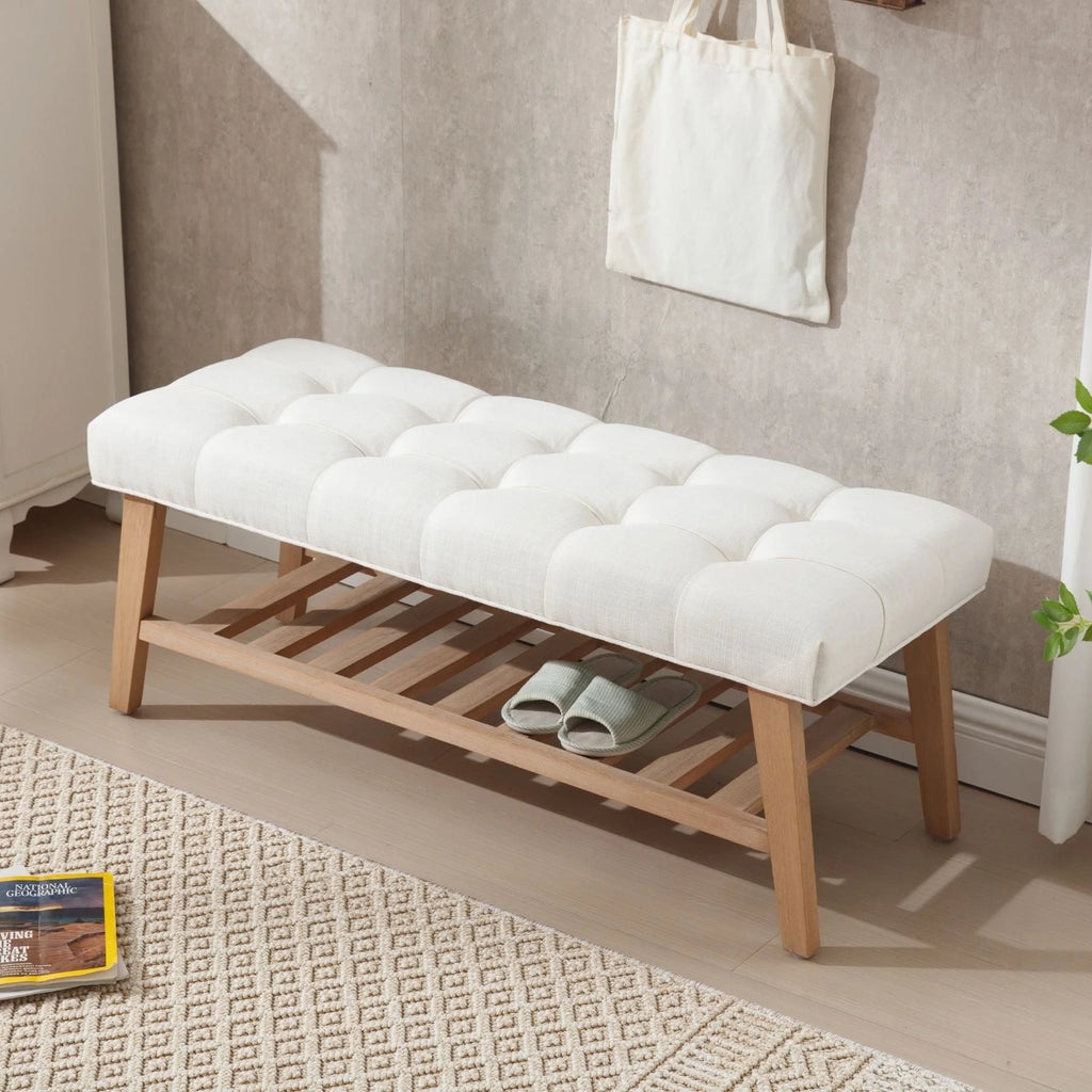 Dayalane Upholstered Storage Bench with Shoe Rack.Linen Fabric Entryway Bench for Living Room. Bedroom and Hallway. Multi Functional Ottoman with Solid Wood Shelf. Beige