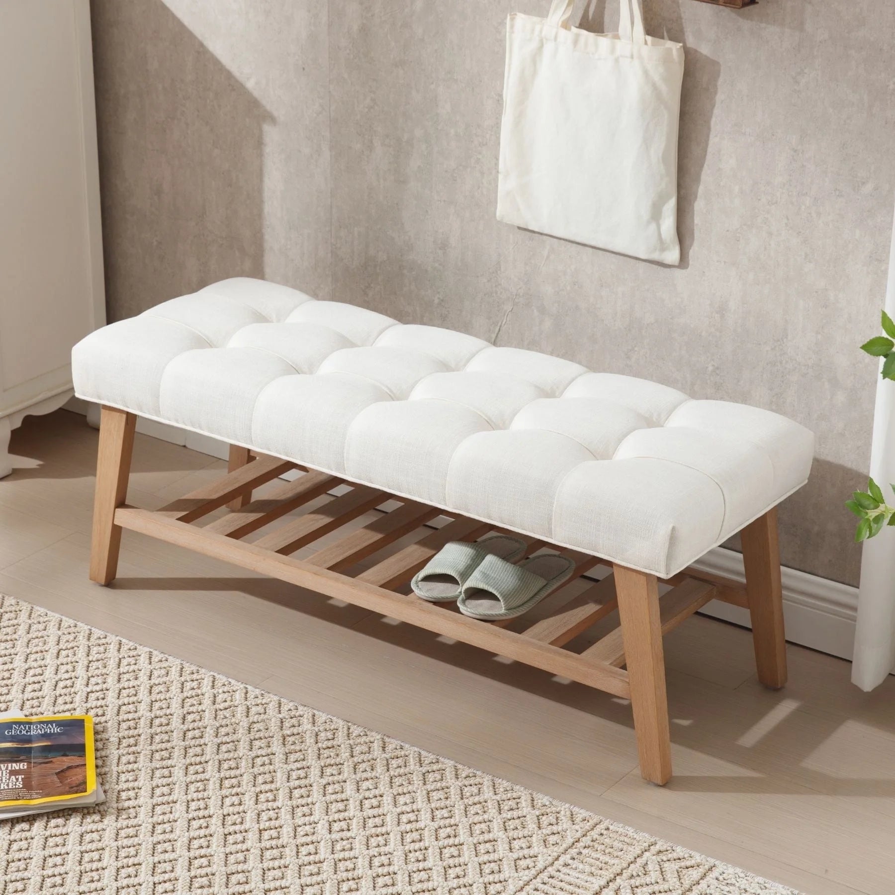 Dayalane Upholstered Storage Bench with Shoe Rack.Linen Fabric Entryway Bench for Living Room. Bedroom and Hallway. Multi Functional Ottoman with Solid Wood Shelf. Beige
