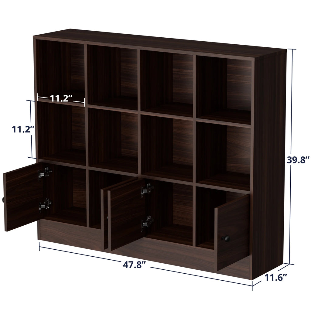 Cozy Castle 3-Tier Open Cube Bookcase with 12 Cubes and 4 Doors. Adjustable Shelves. White
