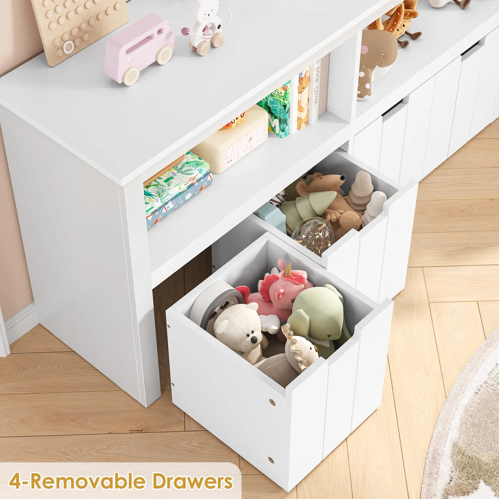 Homfa Kids Toy Storage with 4 Drawers. Cubes Storage Bin with Shelves and Wheels for Kids Living Room. White