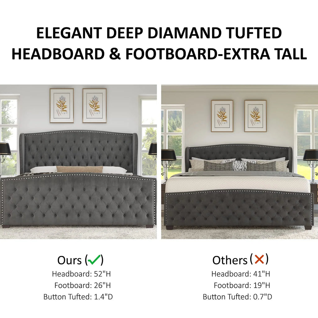 VANACC Queen Size Bed Frame. Velvet Upholstered Bed with Deep Button Tufted Wingback Headboard��Grey
