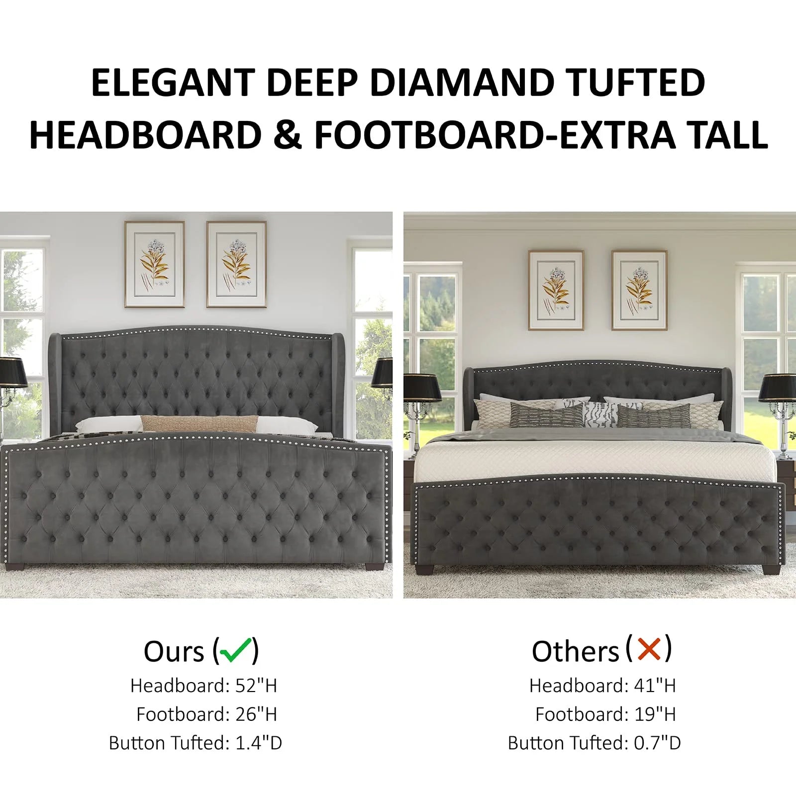 VANACC Queen Size Bed Frame. Velvet Upholstered Bed with Deep Button Tufted Wingback Headboard��Grey