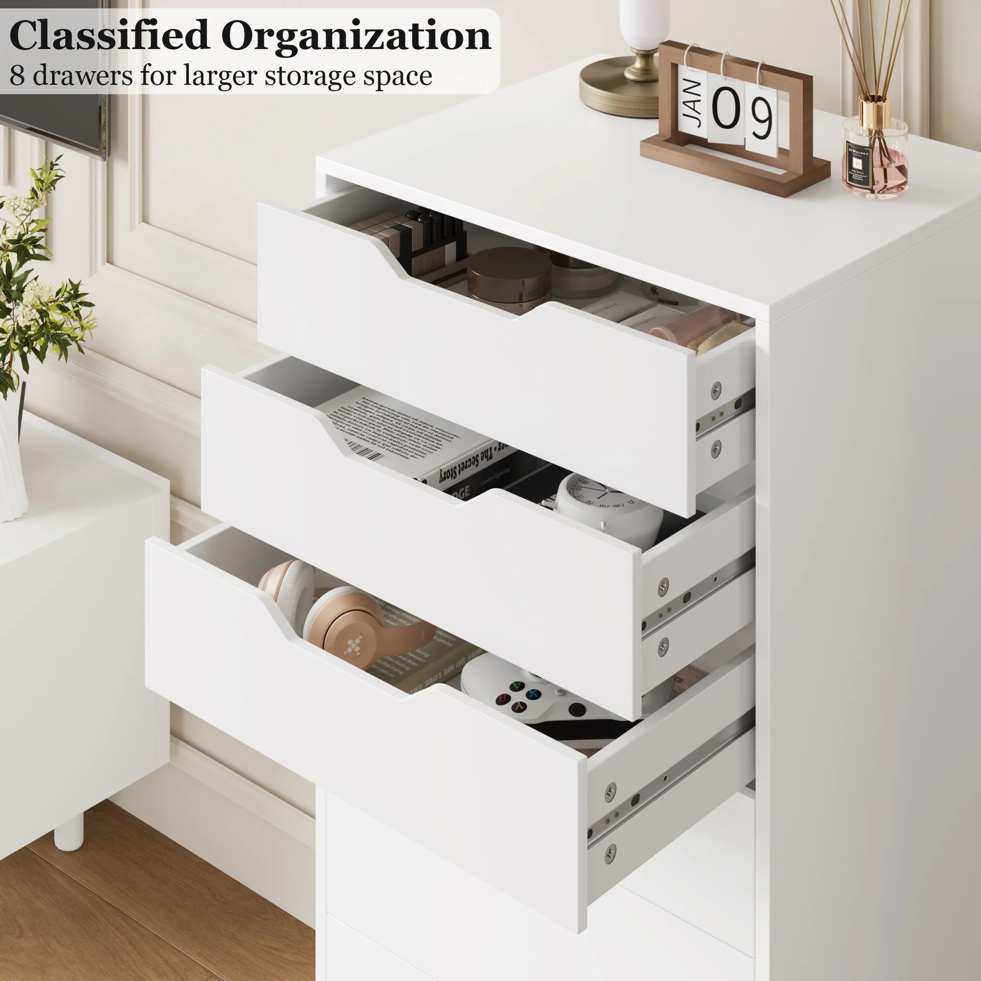 Homfa Vertical 8 Drawer Dresser. 44.5����H Modern Drawers Dresser for Bedroom Living Room. White