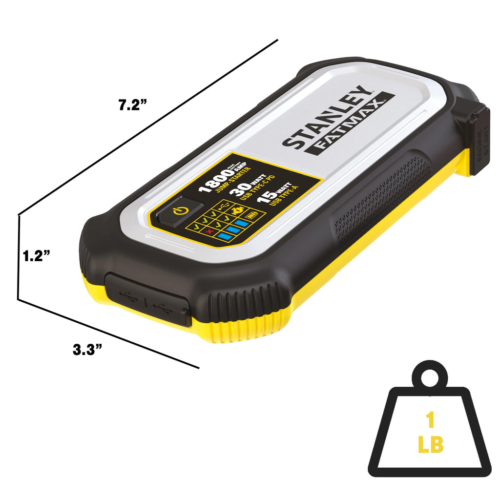 Stanley FatMax 1800A Lithium Jump Starter with 30W USB-C-PD In/Out and 15W USB-A Out. Includes Clamps
