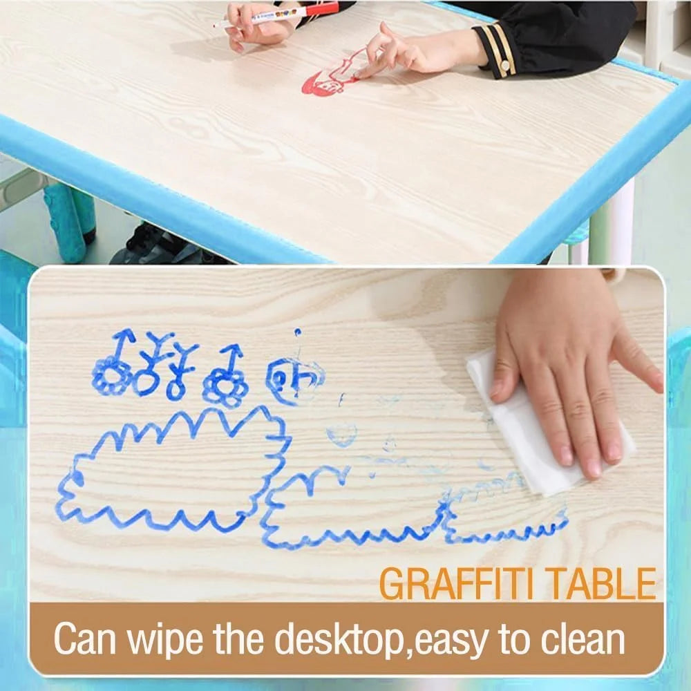 TROPOW Kids Table and Chairs.Height Adjustable Toddler Table and 6 Chair.Multi-Activity Table with Graffiti Desktop Non-Slip Legs for Ages 2-10.Children Activity Table for Daycare.Classroom.Blue