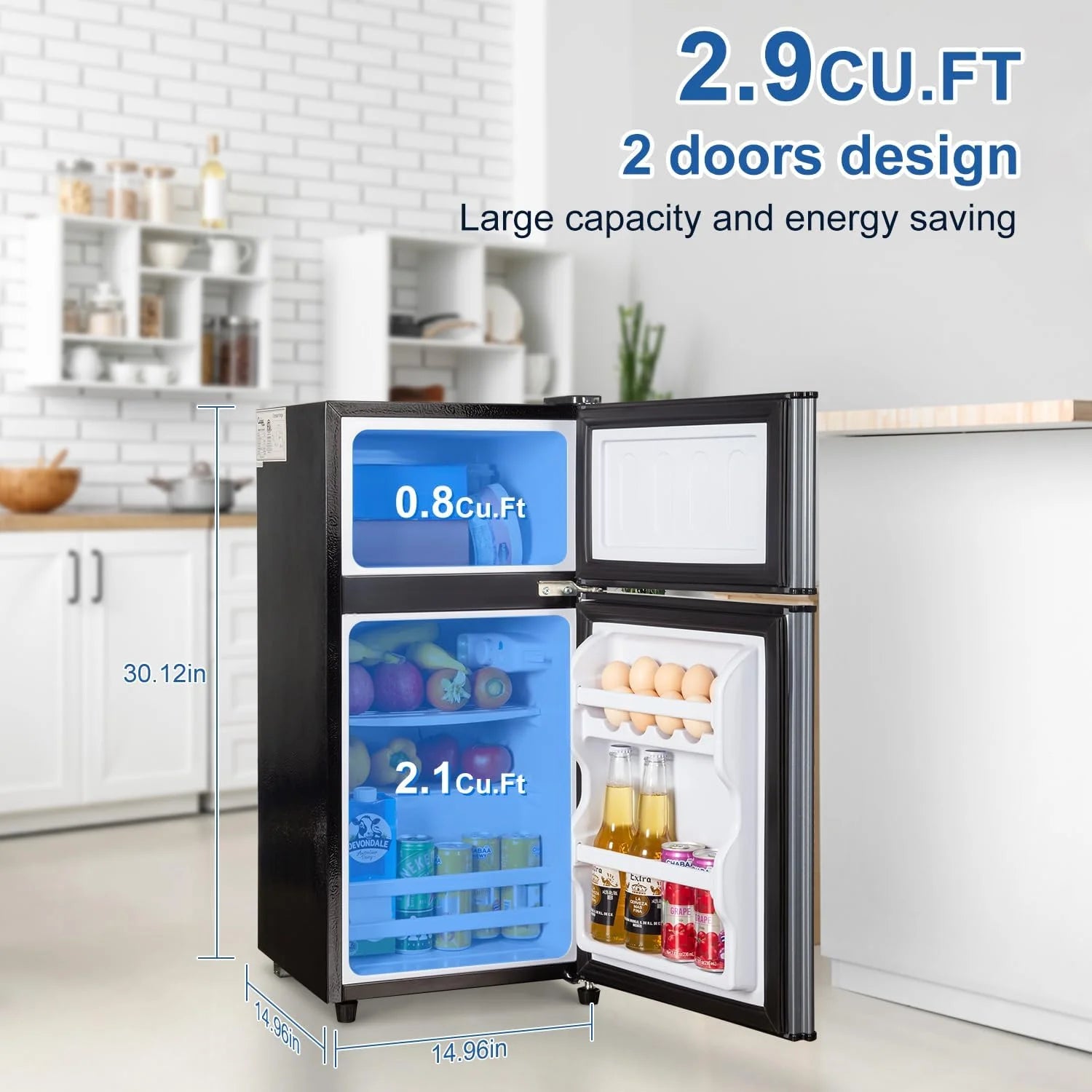 Kcpolre Mini Fridge with Freezer. 2.5 Cu.ft Small Fridge. Low Noise.7 Adjustable Thermostat. Double Door Small Refrigerator for Dorm. Bedroom. Office. Blue