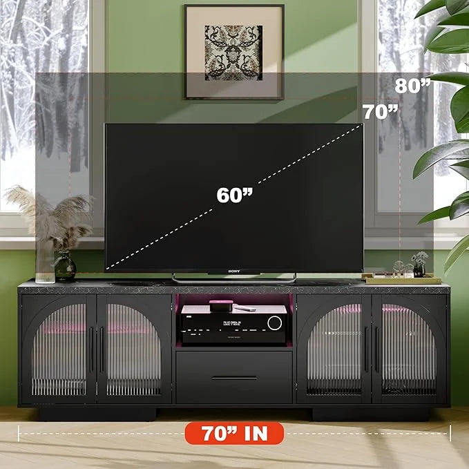 TV Stand for 75 inch TV. LED TV Stand for Living Room.70 Entertainment Center with Arched Glass Doors. Faux Marble Wood Finish Top. Adjustable Shelves. and LED Lighting. Black