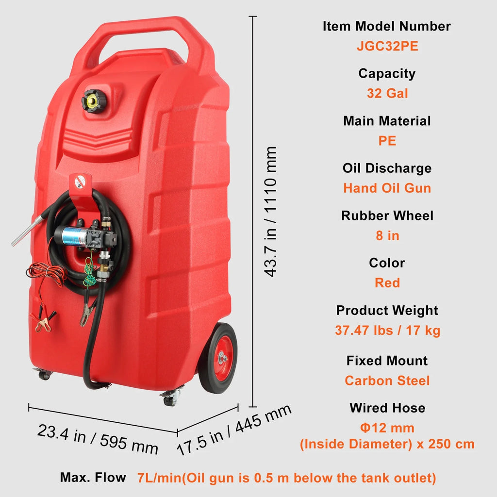 KFFKFF Fuel Carrier. 32 Gallon. Mobile Fuel Storage Unit On-Wheels. Equipped with 12V DC Transfer Pump. Gasoline Diesel Fuel Holder with 8.2 ft Hose. Flow Rate 7L/min. Suitable for Trucks. Boats
