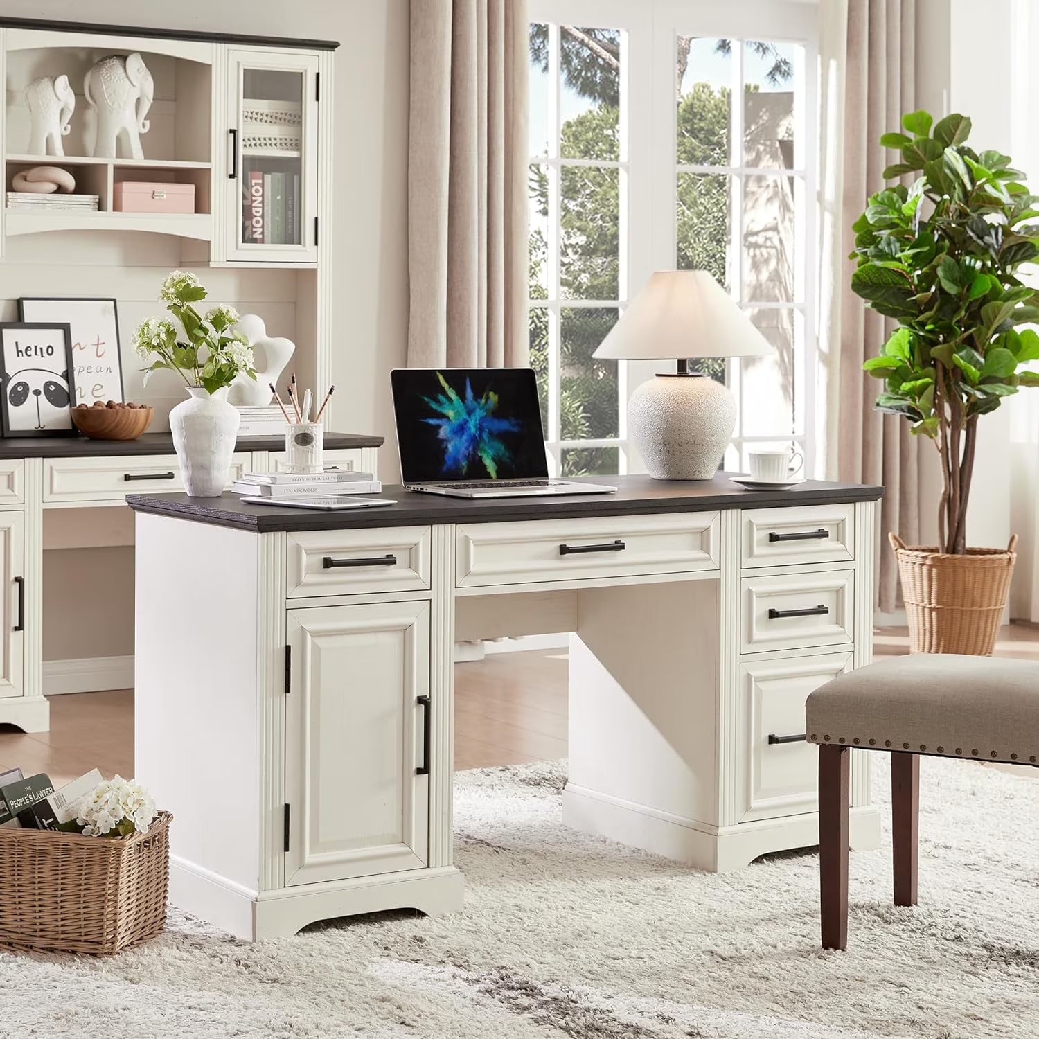 T4TREAM Farmhouse Wood 58 Executive Desk. Home Office 30 High Computer Desk with Drawers and Storage Cabinet. White