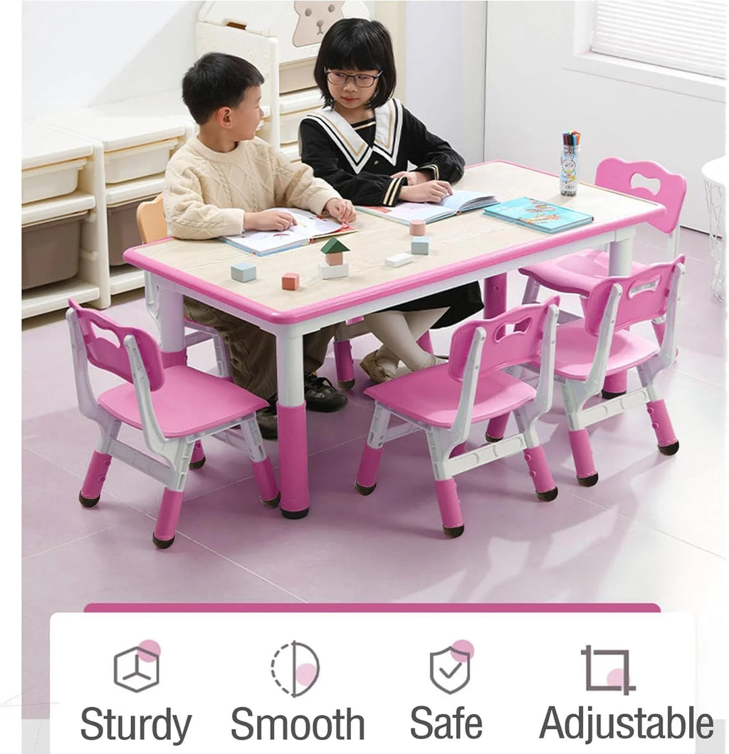 TROPOW Kids Table and Chairs.Height Adjustable Toddler Table and 6 Chair.Multi-Activity Table with Graffiti Desktop Non-Slip Legs for Ages 2-10.Children Activity Table for Daycare.Classroom.Blue