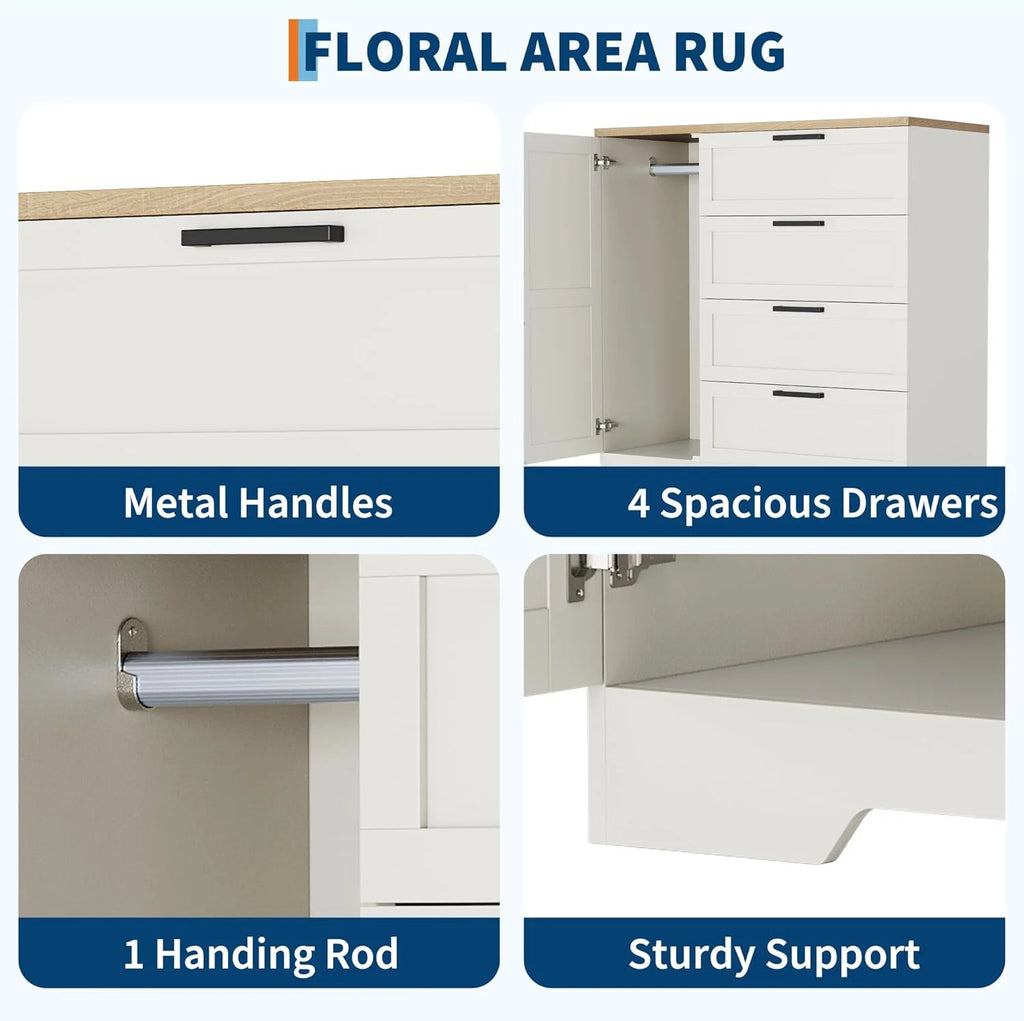 43.3 H Armoire Wardrobe Closet with 4 Drawers & Hanging Rod. Multifunctional Wood Storage Cabinet for Bedroom. Natural Oak