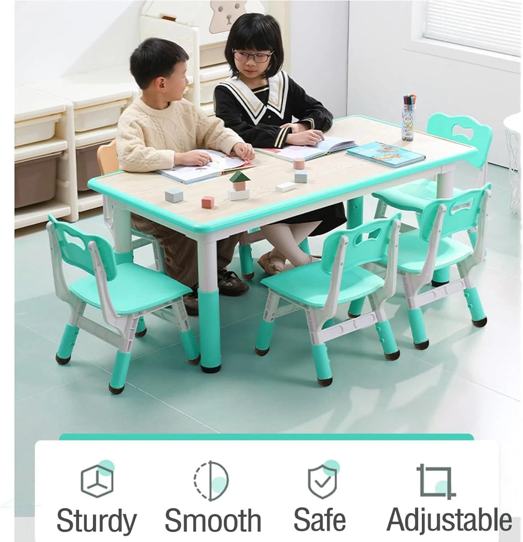 TROPOW Kids Table and Chairs.Height Adjustable Toddler Table and 6 Chair.Multi-Activity Table with Graffiti Desktop Non-Slip Legs for Ages 2-10.Children Activity Table for Daycare.Classroom.Blue