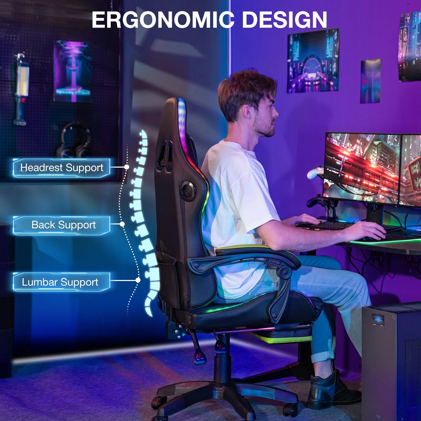 HOFFREE Big and Tall Gaming Chair with Speakers and RGB Lights. Gamer Chair with Footrest. Lumbar Support Height Adjustable 360-Swivel Seat and Headrest for Adults. 400lbs