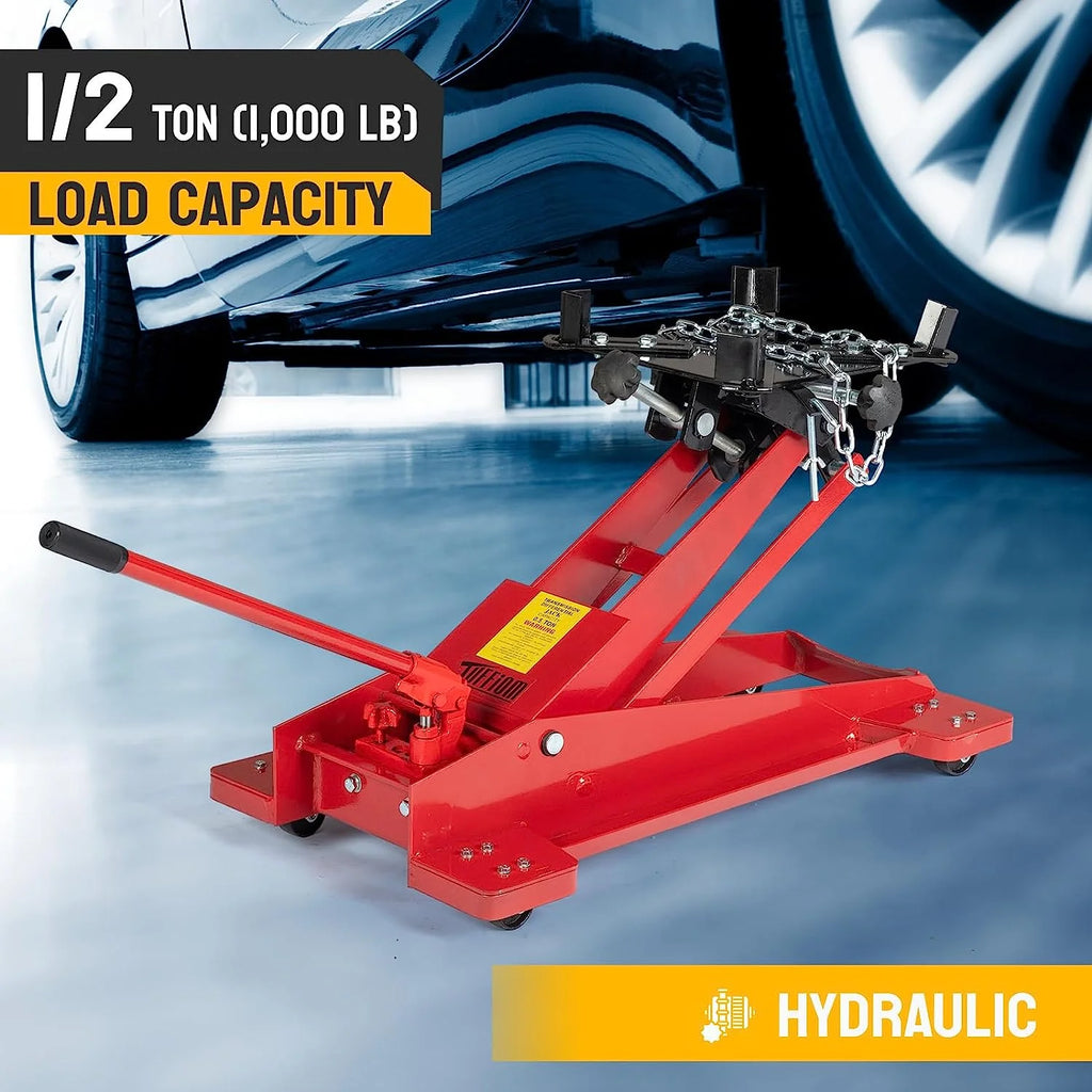 TUFFIOM Hydraulic Transmission Service/Floor Jack Lift 1/2 Ton (1.000 lb) Capacity. Low Profile Roll-Under Floor Trolley. Automotive Shop Tool Hoist Lift Lifting Jack. Red