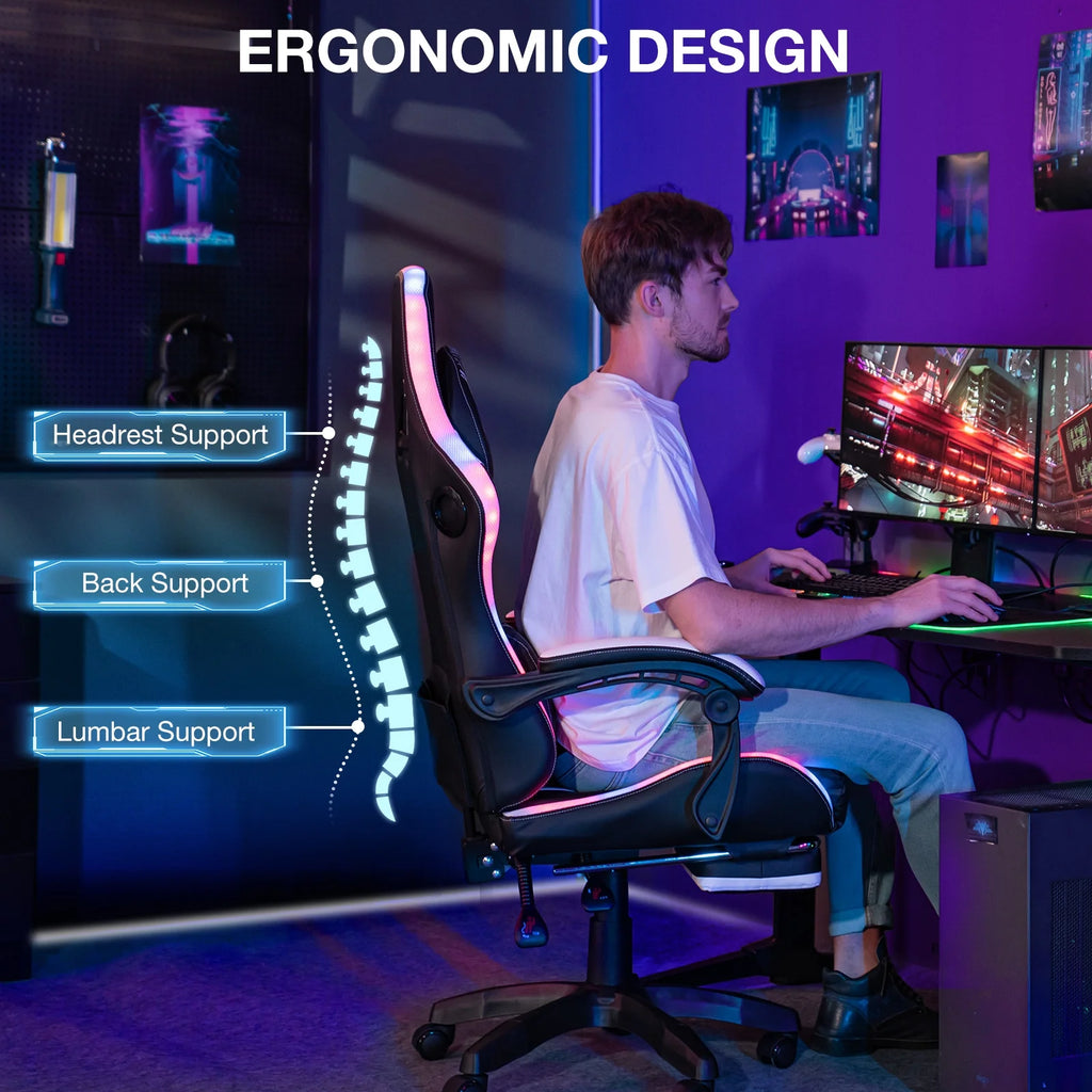HOFFREE Big and Tall Gaming Chair with Speakers and RGB Lights. Gamer Chair with Footrest. Lumbar Support Height Adjustable 360-Swivel Seat and Headrest for Adults. 400lbs
