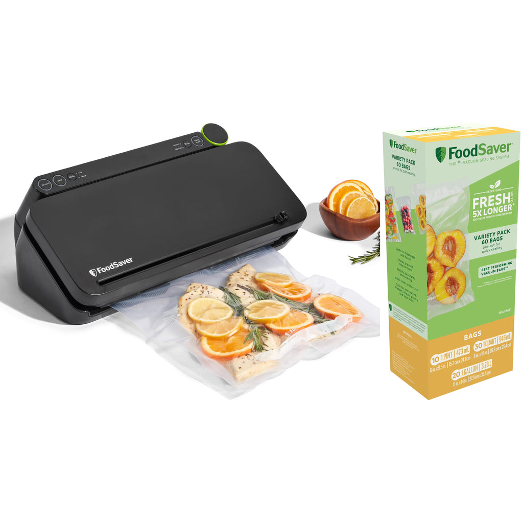 FoodSaver 2-in-1 Vacuum Sealer Machine Starter Kit with (60) Pre-Cut Bags. Professional Food Sealer With Built-In Handheld. Heavy Duty Construction. Complete Starter System for Bulk Food Storage & Freezer Meals