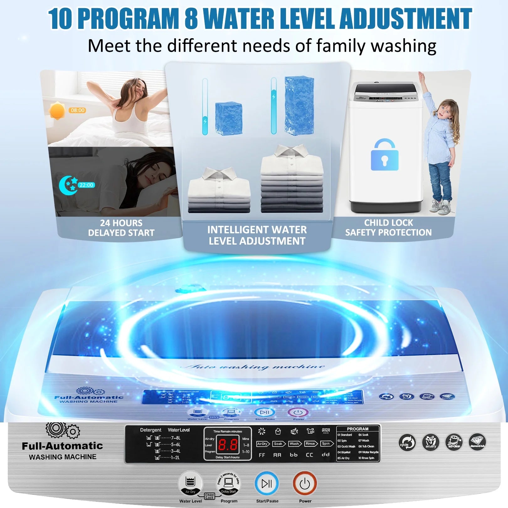 Qhomic Portable Washing Machine. 17.8lbs Large Fully-Automatic Laundry Washer. 10 Washing Programs & 8 Water Levels Selections Machine Ideal for Apartments Dorms Families
