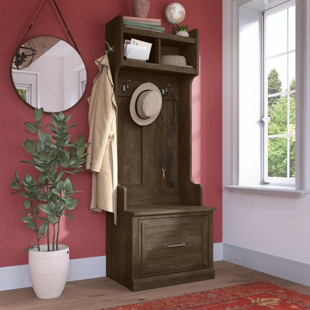 Woodland 24W Hall Tree & Shoe Bench w/ Drawer in White Ash - Engineered Wood