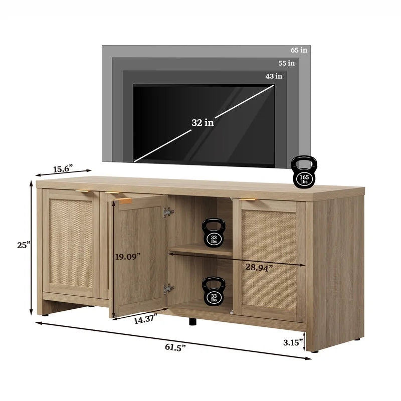 SICOTAS 61.5W Rattan TV Stand with 4 Doors. Boho Entertainment Center with Adjustable Shelves & Spacious Countertop �C Large Boho Farmhouse Media Console for Living Room. Reclaimed Caramel Oak