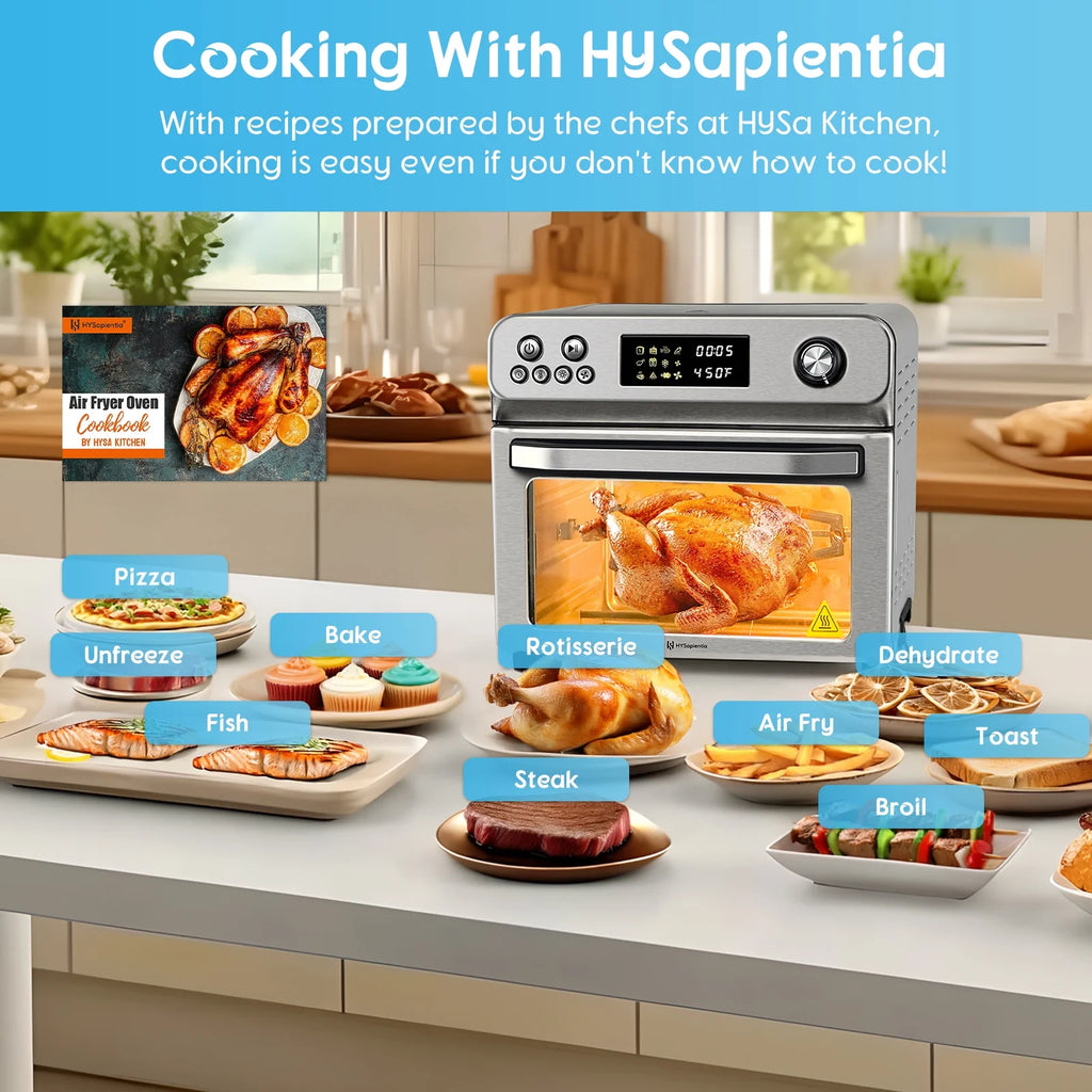 HYSapientia 26QT Air Fryer Oven With Rotisserie 1800W Toaster Oven Air Fryer Combo. 10 in 1 Convection Oven Countertop. Airfryer Toaster Oven. Mini Toaster Oven.Stainless Steel Outer