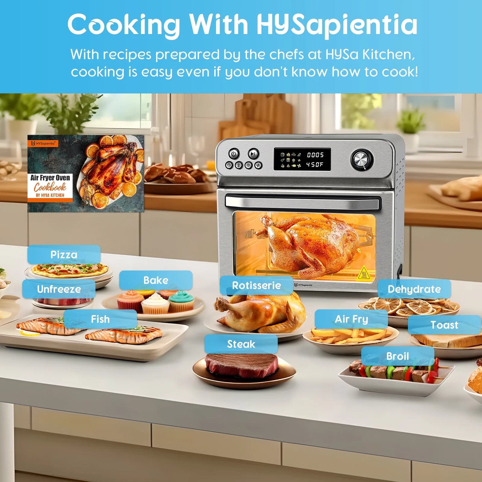 HYSapientia 26QT Air Fryer Oven With Rotisserie 1800W Toaster Oven Air Fryer Combo. 10 in 1 Convection Oven Countertop. Airfryer Toaster Oven. Mini Toaster Oven.Stainless Steel Outer