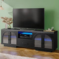 TV Stand for 75 inch TV. LED TV Stand for Living Room.70 Entertainment Center with Arched Glass Doors. Faux Marble Wood Finish Top. Adjustable Shelves. and LED Lighting. Black