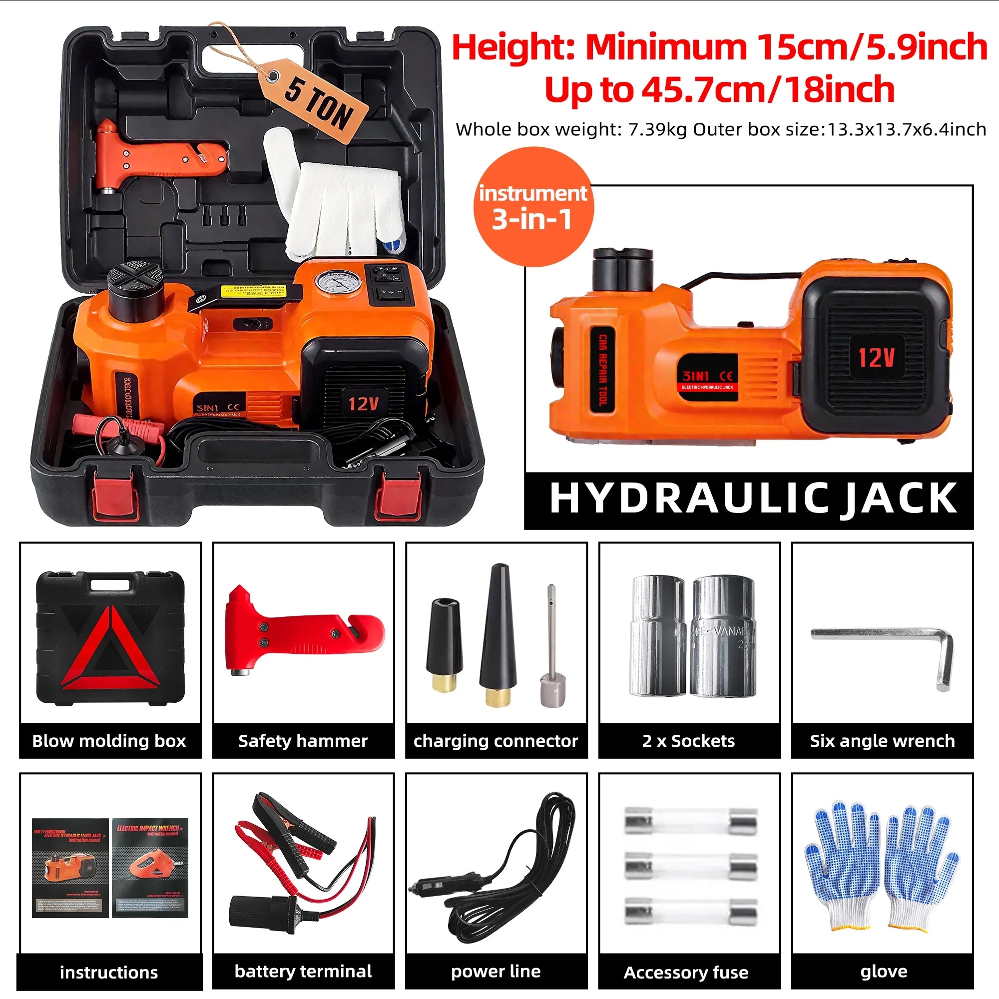 SZTAA Electric Car Jack Lift with Air Compressor and Emergency Hammer 5 Ton/11023 lbs Hydraulic Jack for SUV Sedan Truck Change Tires Garage Repair