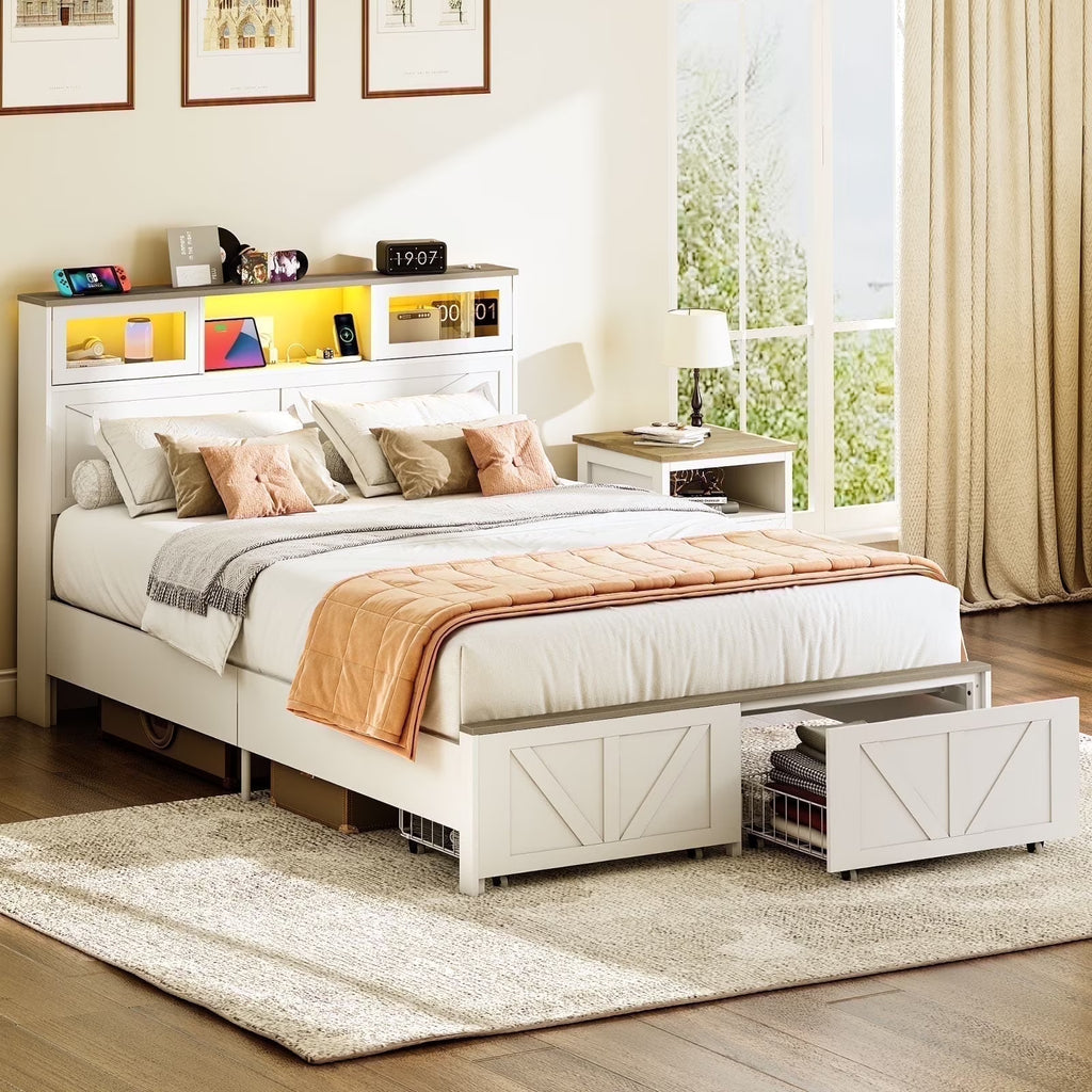 Full Size Bed Frame with Headboard. Full Bed Frame with Charging Station. LED Beds with 2 Storage Drawers.  Wood Farmhouse Bedframe. White