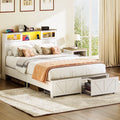 Full Size Bed Frame with Headboard. Full Bed Frame with Charging Station. LED Beds with 2 Storage Drawers.  Wood Farmhouse Bedframe. White