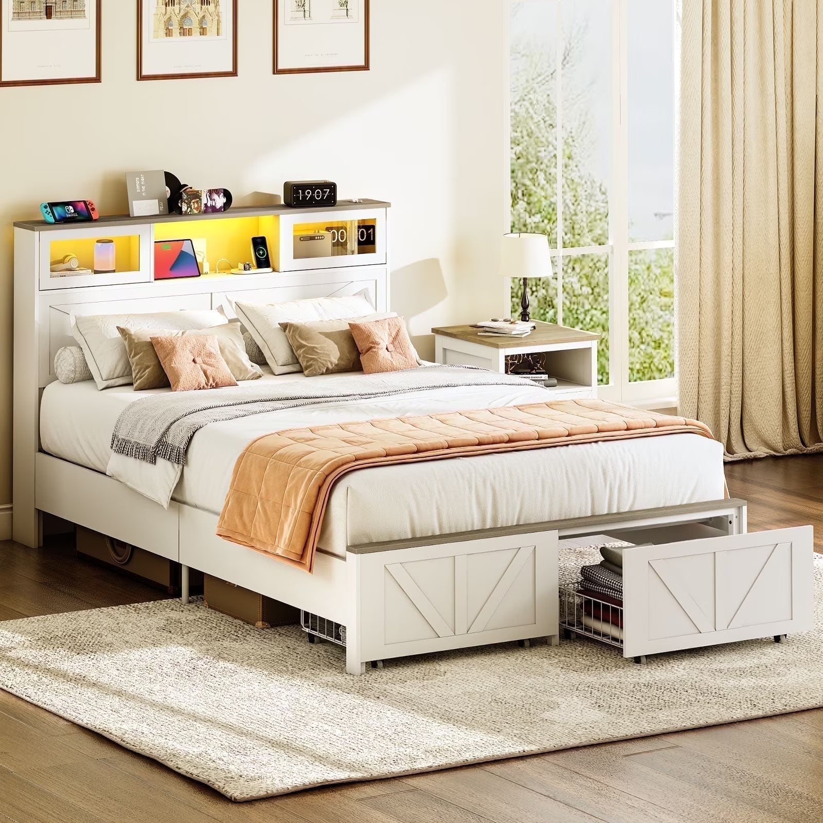 Full Size Bed Frame with Headboard. Full Bed Frame with Charging Station. LED Beds with 2 Storage Drawers.  Wood Farmhouse Bedframe. White