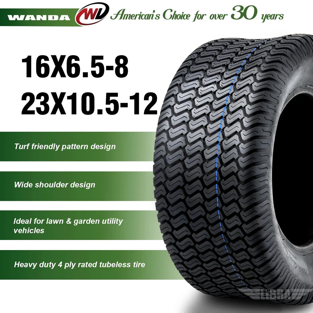 Set of 4 New Lawn Mower Turf Tires 16x6.5-8 Front & 23x10.5-12 Rear 4PR 13019/49